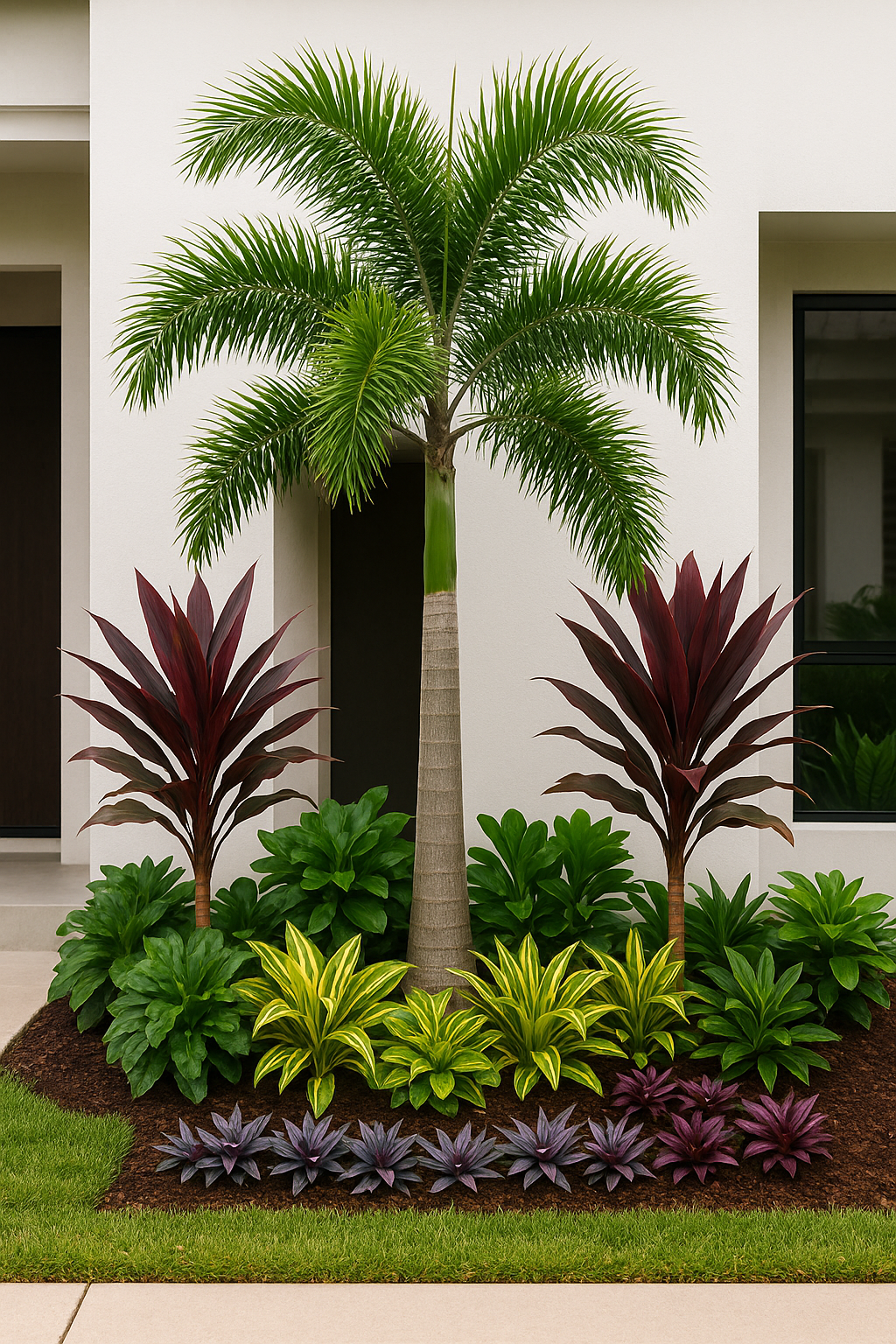 Decorative garden with palm trees and various plants in front of a building.