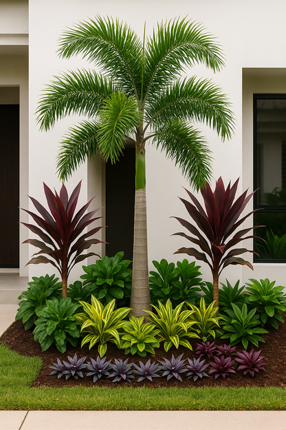 Decorative garden with palm trees and various plants in front of a building.