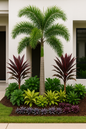 Decorative garden with palm trees and various plants in front of a building.