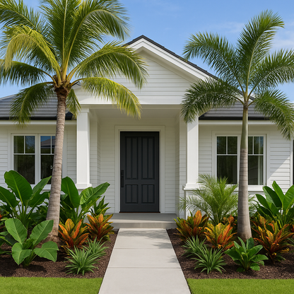 White house with a black door and palm trees in front