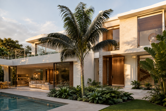 Modern luxury villa exterior with a swimming pool, palm tree, landscaped greenery, and warm evening lighting on a beige stucco building.